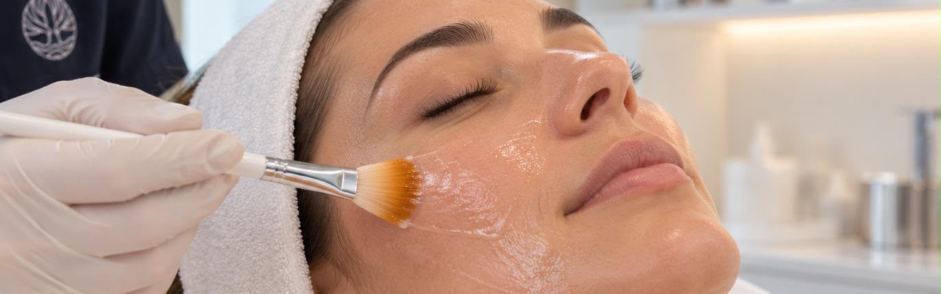 Fruchtsäurepeeling Dermasence Fruchtsäurepeeling wird mit Pinsel auf das Gesicht aufgetragen
