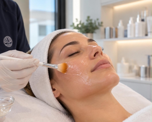 Fruchtsäurepeeling Dermasence Fruchtsäurepeeling wird mit Pinsel auf das Gesicht aufgetragen
